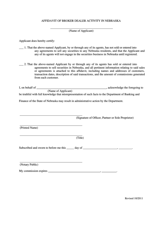 Fillable Affidavit Of Broker Dealer Activity In Nebraska - 2011 Printable pdf
