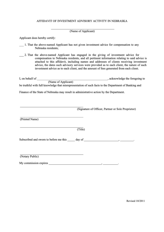 Fillable Affidavit Of Investment Advisory Activity In Nebraska - 2011 Printable pdf