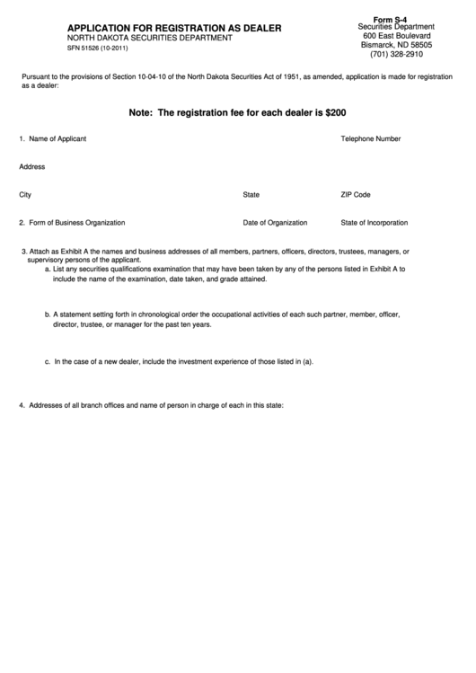 Fillable Form S-4 - Application For Registration As Dealer - 2011 Printable pdf