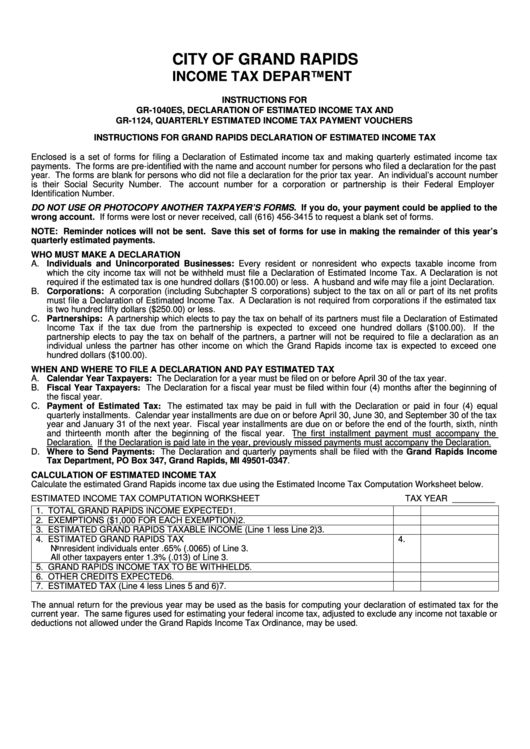 Instructions For Form Gr1040es Declaration Of Estimated Tax