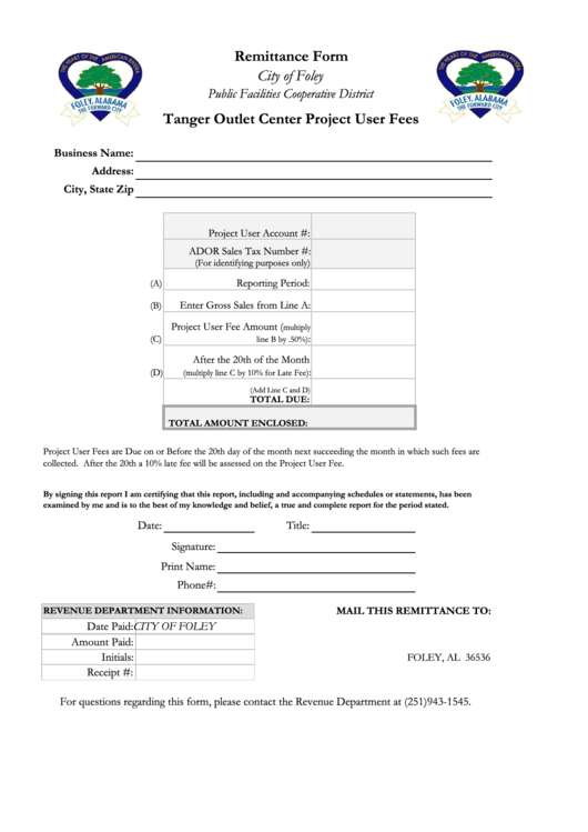 Remittance Form - City Of Foley Printable pdf