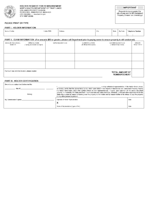 Form Sfn 19997 - Holder Request For Reimbursement Printable pdf