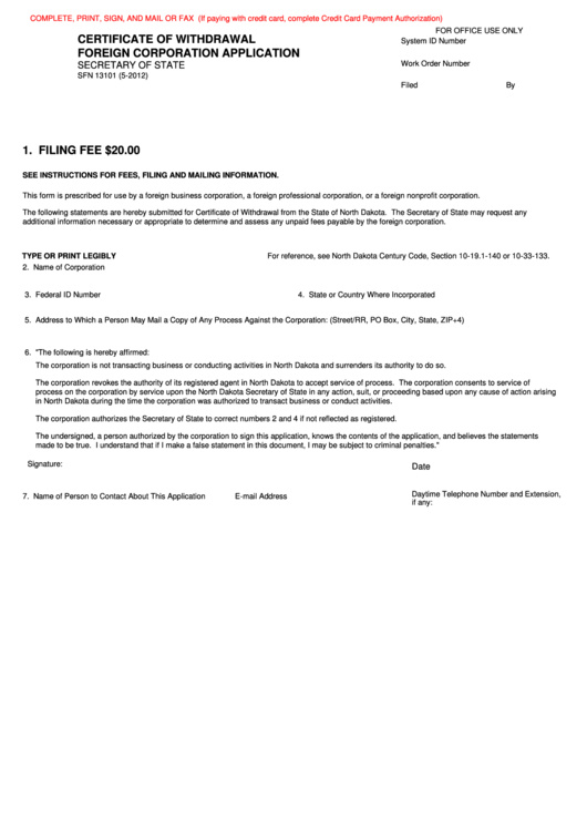 Fillable Form Sfn 13101 - Certificate Of Withdrawal Foreign Corporation Application - North Dakota Secretary Of State Printable pdf