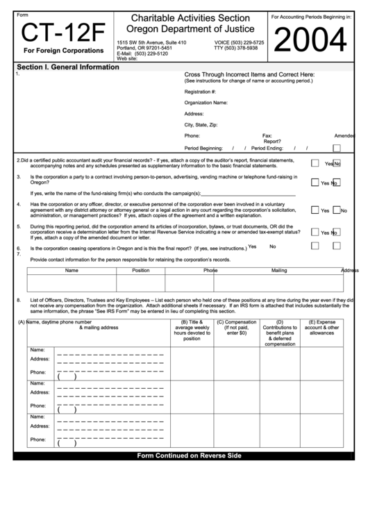 Fillable Form Ct-12f - Tax Return For Foreign Corporations - 2004 Printable pdf