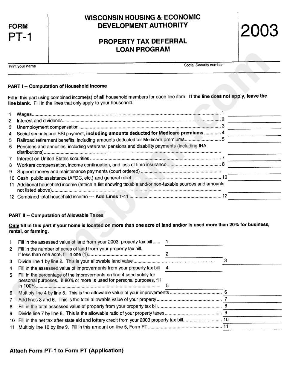 Form Pt-1 - Property Tax Deferral Loan Program Form - 2003