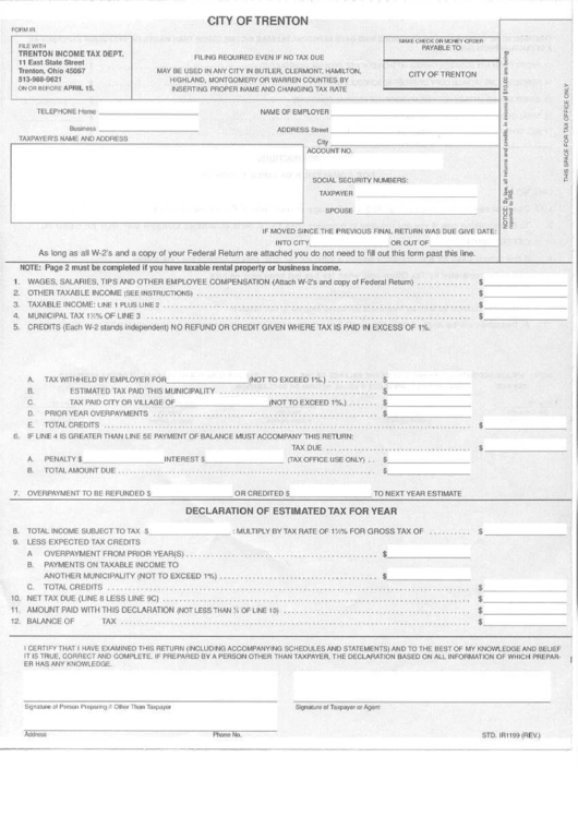 Form Ir - Declaration Of Estimated Tax - City Of Trenton Printable pdf