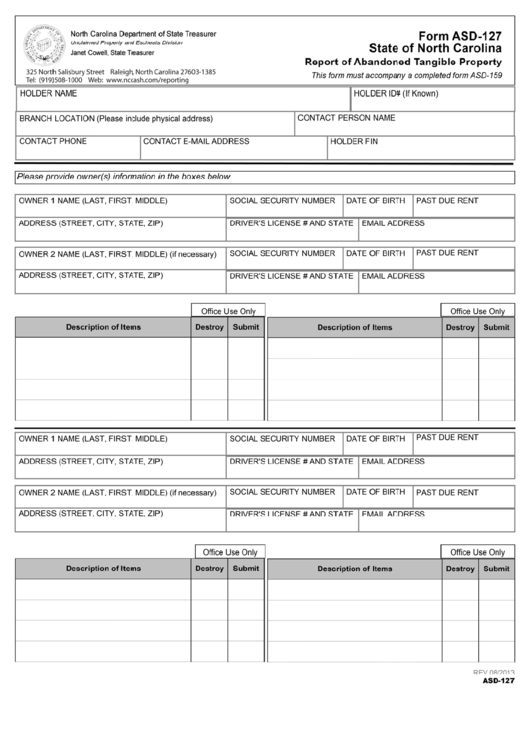 Form Asd-127 - Report Of Abandoned Tangible Property Printable pdf