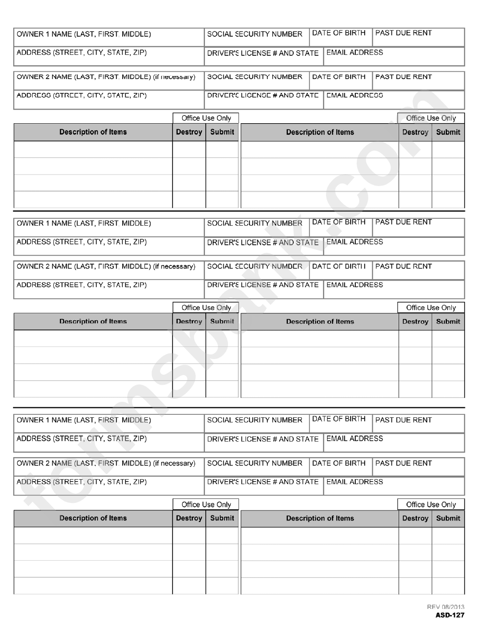 Form Asd-127 - Report Of Abandoned Tangible Property