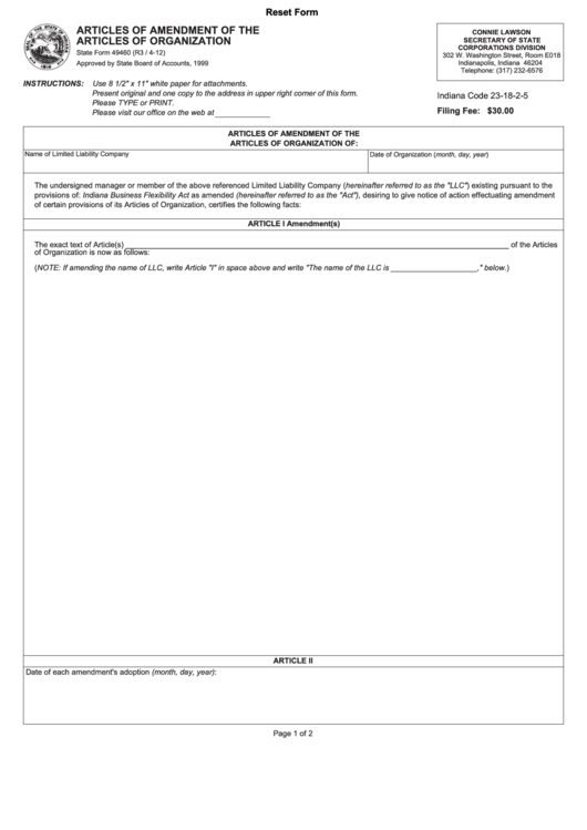 Fillable State Form 49460 - Articles Of Amendment Of The Articles Of Organization - 2012 Printable pdf