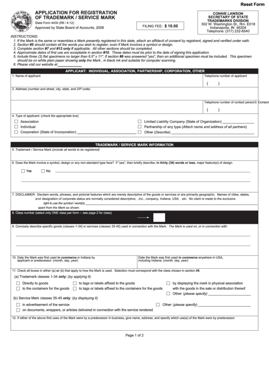 Fillable State Form 4430 - Application For Registration Of Trademark / Service Mark - Indiana Secretary Of State Printable pdf