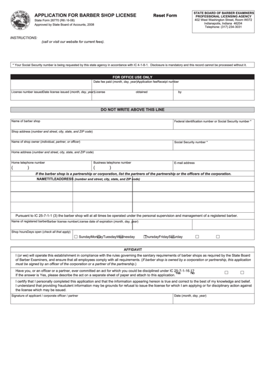 Fillable State Form 26770 - Application For Barber Shop License Printable pdf