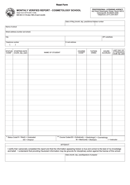 Fillable State Form 43716 - Monthly Verified Report - Cosmetology School Printable pdf