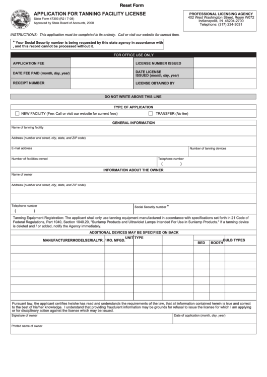 Fillable State Form 47393 - Application For Tanning Facility License Printable pdf