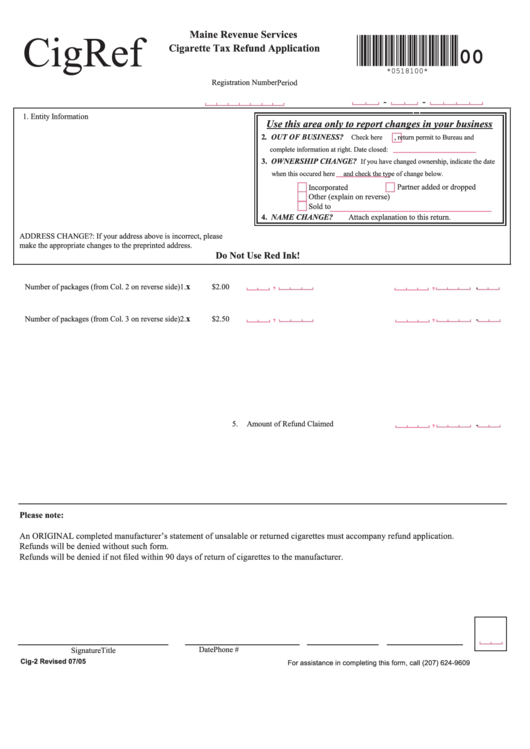 Form Cig-2 - Cigarette Tax Refund Application - Maine Revenue Services Printable pdf