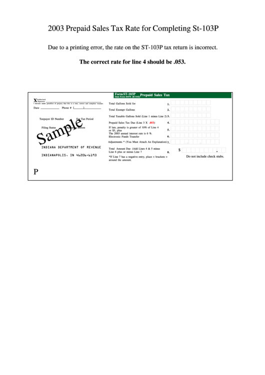 Form St-103p Sample - Prepaid Sales Tax - 2003 Printable pdf