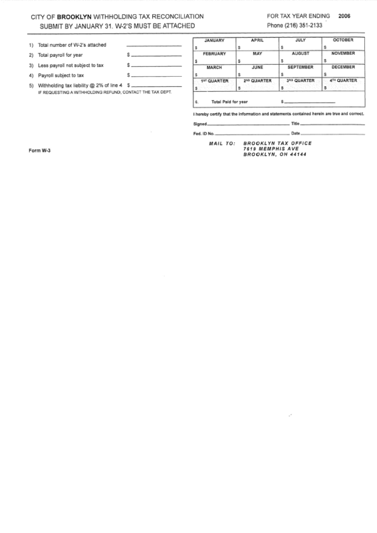 Form W-3 - Withholding Tax Reconciliation - City Of Brooklyn - 2006 Printable pdf