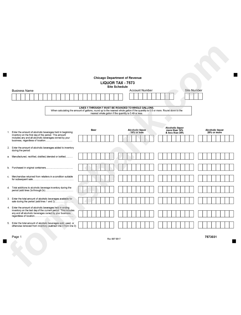 Form 7573 - Liquor Tax Form (Site Schedule) - Chicago Department Of Revenue