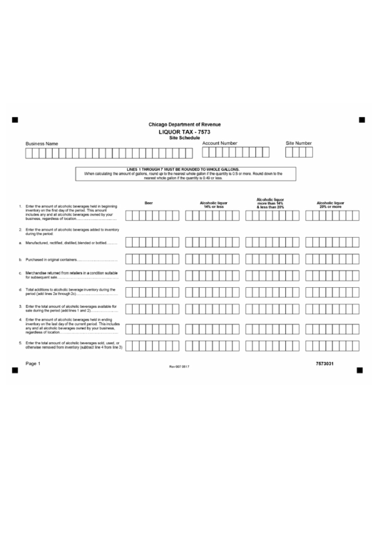 Form 7573 - Liquor Tax Form (Site Schedule) - Chicago Department Of Revenue Printable pdf