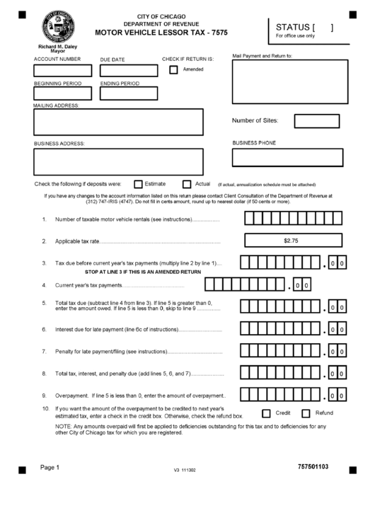 Form 7575 - Motor Vehicle Lessor Tax - Chicago Department Of Revenue Printable pdf