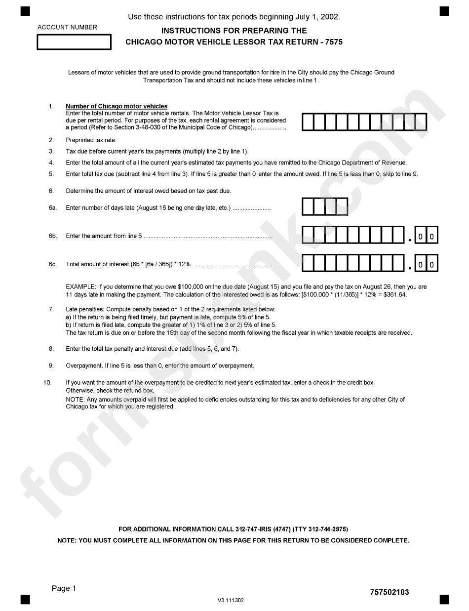 Form 7575 - Motor Vehicle Lessor Tax - Chicago Department Of Revenue