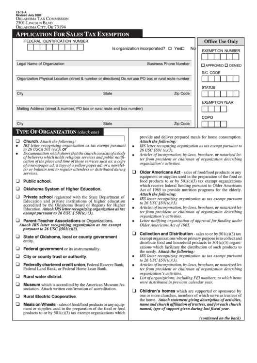 Form 13-16-A - Application For Sales Tax Exemption - Oklahoma Tax Commission Printable pdf
