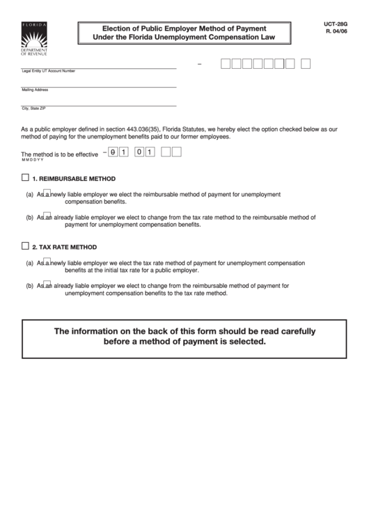 Form Uct-28g - Election Of Public Employer Method Of Payment Under The Florida Unemployment Compensation Law Printable pdf