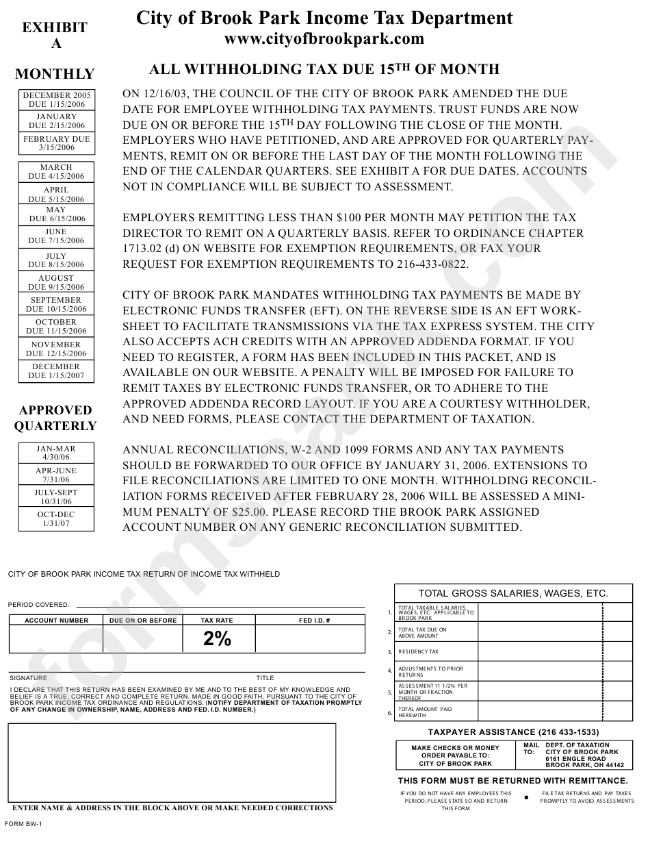 Form Bw-1 - Income Tax Return Of Income Tax Withheld - City Of Brook Park