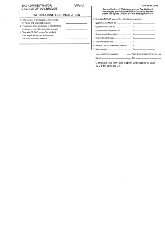 Form Sw-3 - Withholding Reconciliation - Village Of Walbridge - 2006 Printable pdf