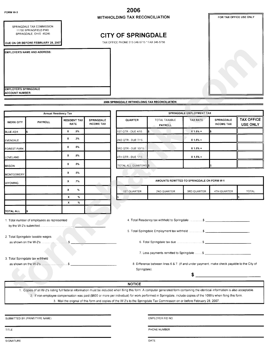 Form W-3 - Withholding Tax Reconciliation - City Of Springdale - 2006