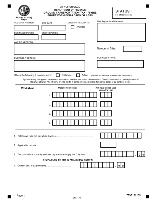 Form 7595ez - Ground Transportation Tax (Short Form For 4 Cabs Or Less) - Chicago Department Of Revenue Printable pdf