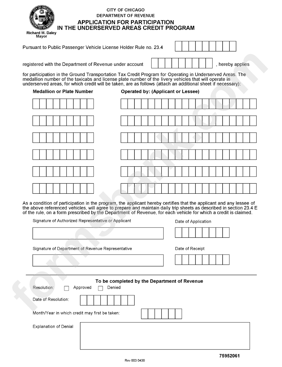Application For Participation In The Underserved Areas Credit Program - Chicago Department Of Revenue