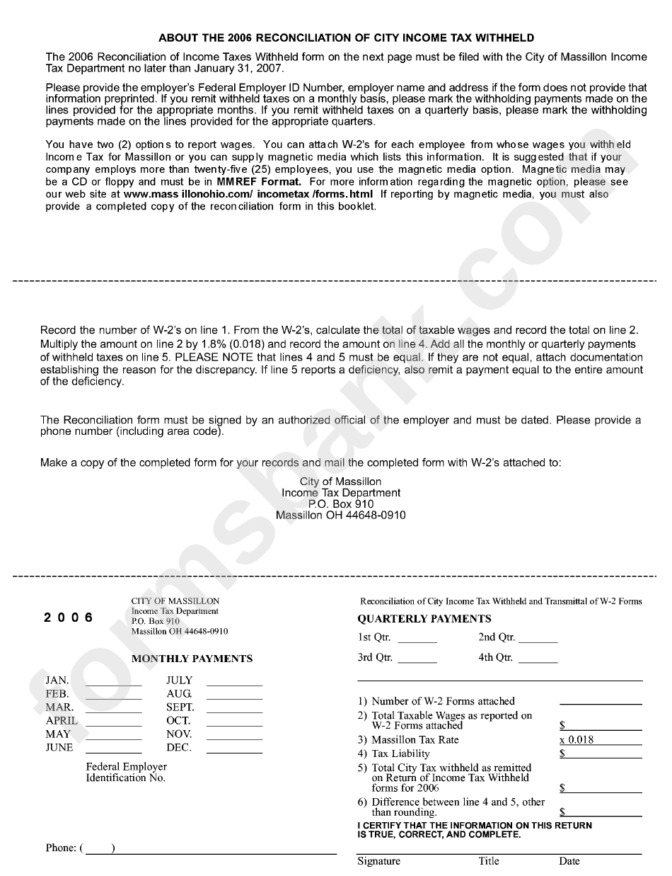 Reconciliation Of City Income Tax Withheld And Transmittal Of W-2 Forms (Quarterly And Monthly) - City Of Massillon - 2006