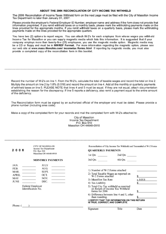 Reconciliation Of City Income Tax Withheld And Transmittal Of W-2 Forms (Quarterly And Monthly) - City Of Massillon - 2006 Printable pdf