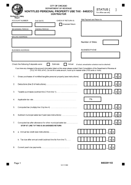 Form 8402co - Nontitled Personal Property Use Tax - Chicago Department Of Revenue Printable pdf