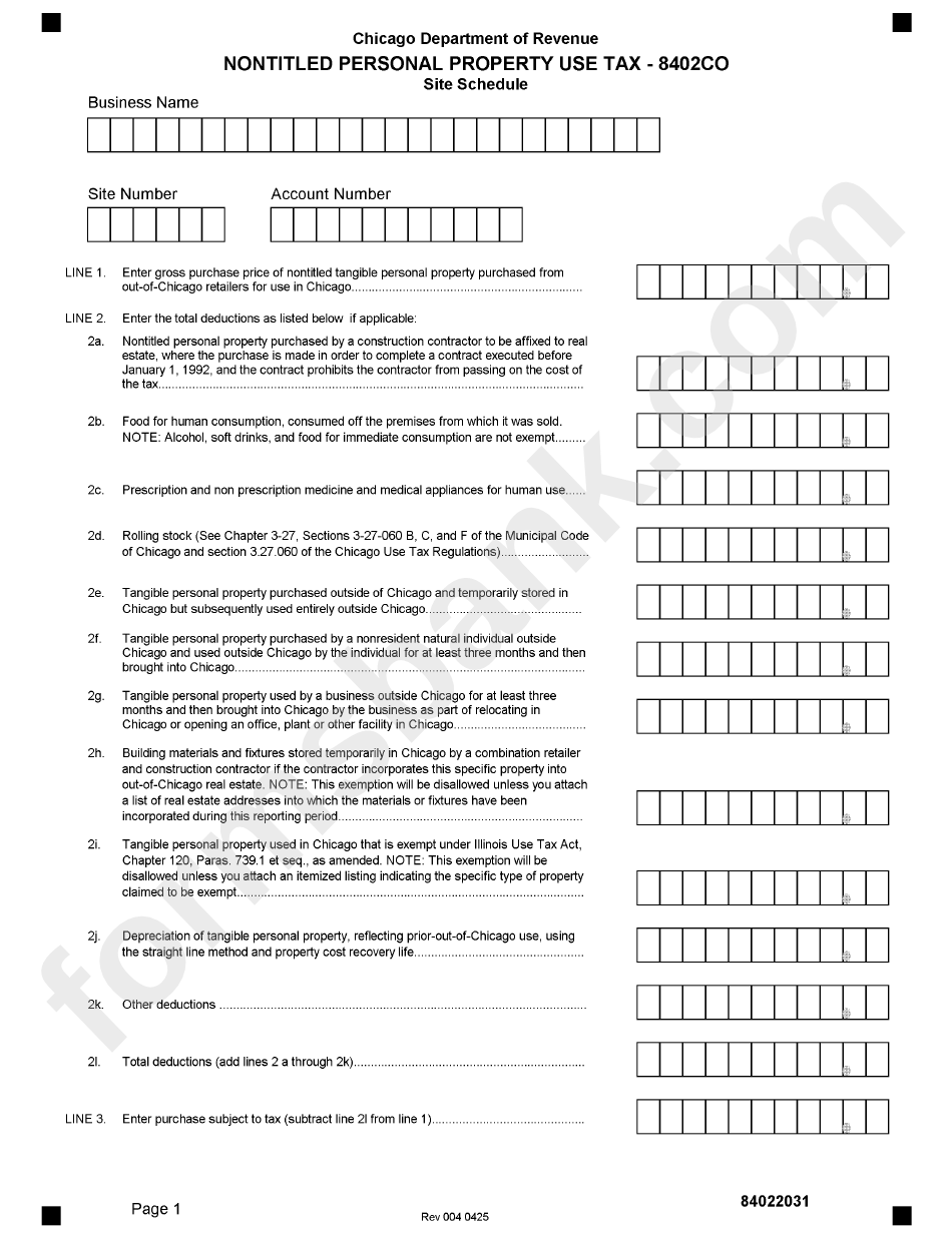 Form 8402co - Nontitled Personal Property Use Tax (Site Schedule) - Chicago Department Of Revenue