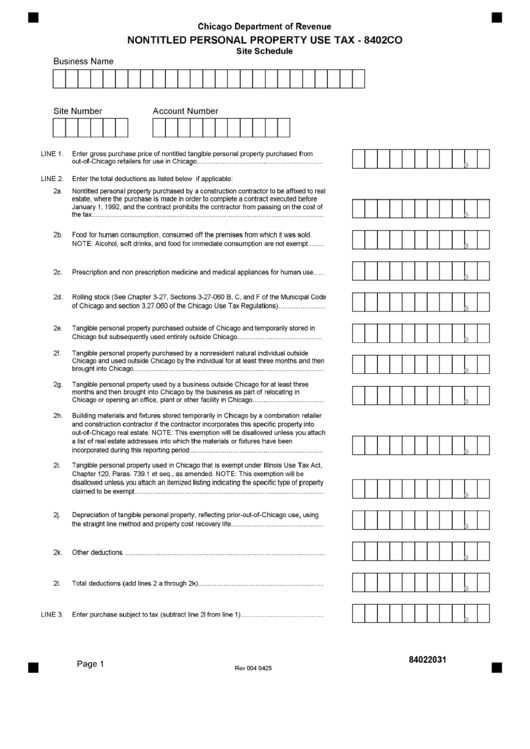 Form 8402co - Nontitled Personal Property Use Tax (Site Schedule) - Chicago Department Of Revenue Printable pdf