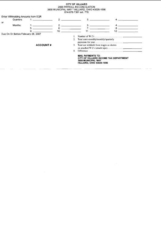 Payroll Reconciliation Form - City Of Hilliard - 2006 Printable pdf