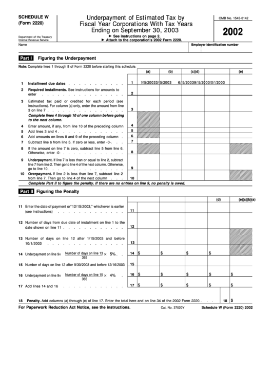 Fillable Form 2220 Schedule W - Underpayment Of Estimated Tax By Fiscal Year Corporations - 2002 Printable pdf