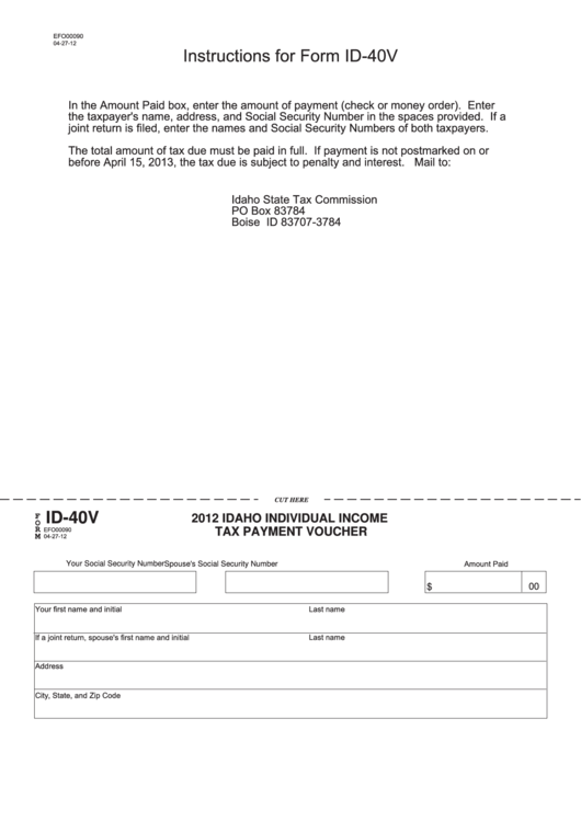 Fillable Form Id-40v - Idaho Individual Income Tax Payment Voucher Printable pdf