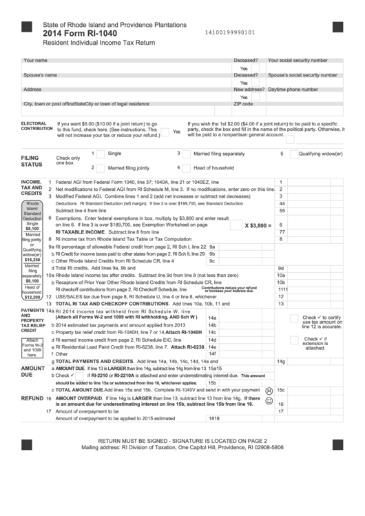 Fillable Form Ri-1040 - Resident Individual Income Tax Return - 2014 Printable pdf