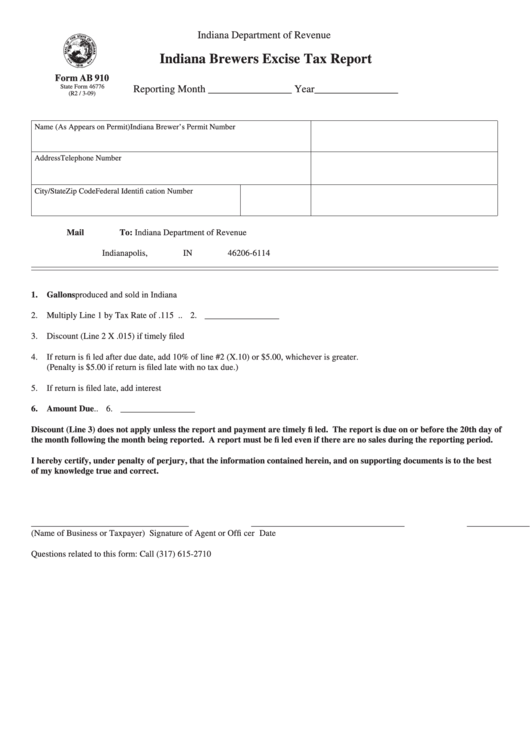 Fillable Form Ab 910 - Indiana Brewers Excise Tax Report Printable pdf