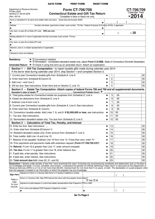 Fillable Form Ct-706/709 - Connecticut Estate And Gift Tax Return - 2014 Printable pdf
