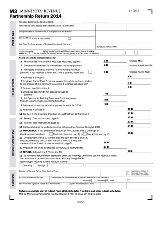 Fillable Form M3 - Partnership Return - 2014 Printable pdf