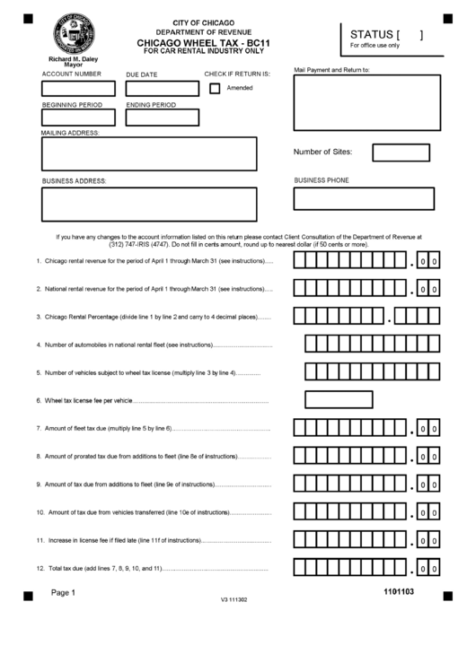 Form Bc11 - Wheel Tax (Car Rental Industry) - Chicago Department Of Revenue Printable pdf