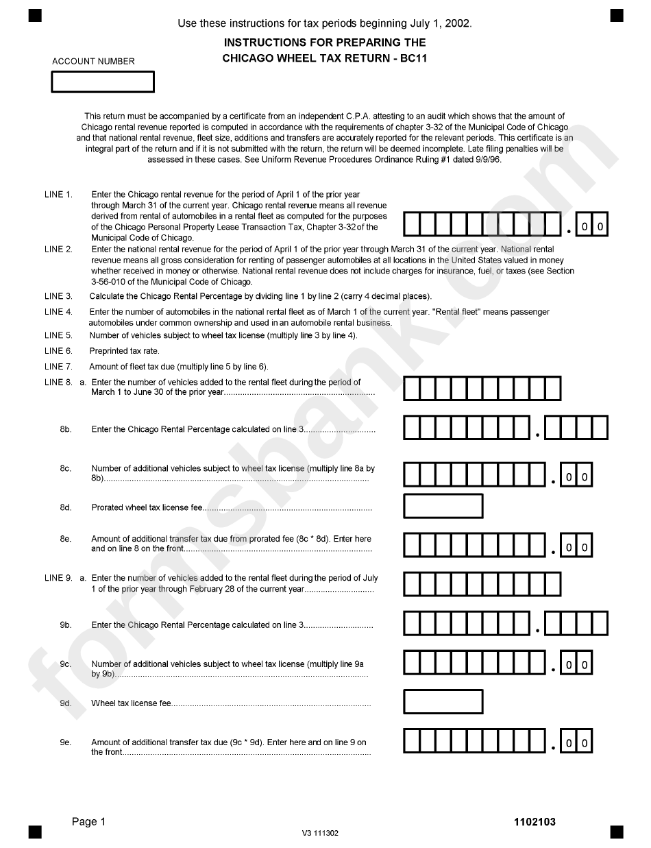 Form Bc11 - Wheel Tax (Car Rental Industry) - Chicago Department Of Revenue