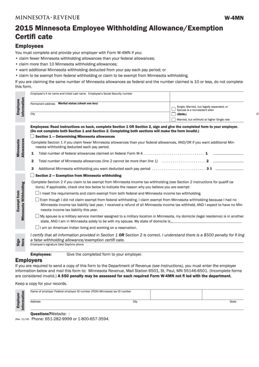 Fillable Form W4mn Minnesota Employee Withholding Allowance