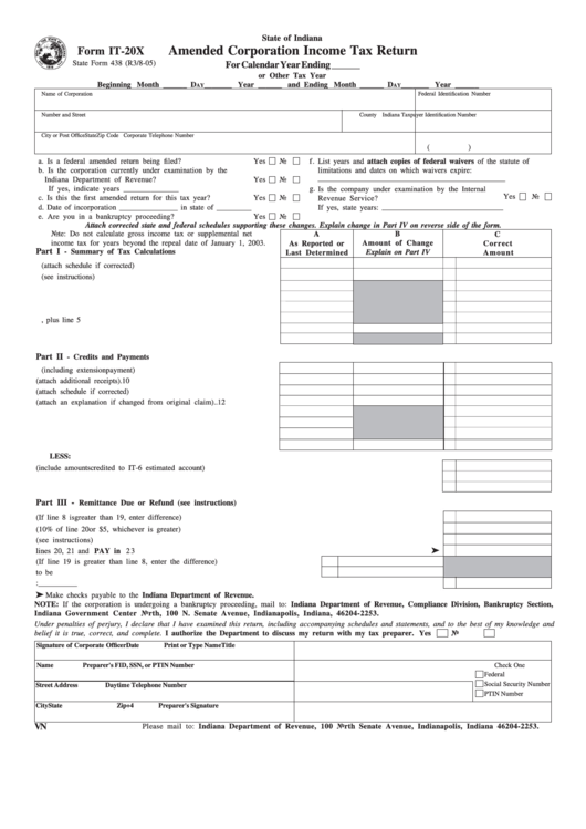Form It-20x - Amended Corporation Income Tax Return - 2005 Printable pdf