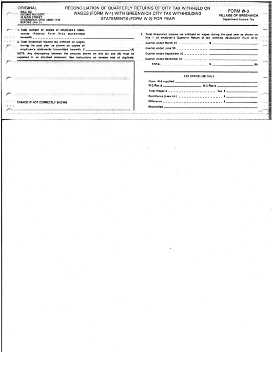 Form W-3 - Reconciliation Of Quarterly Returns Of City Tax Withheld On Wages (Form W-1) With Greenwich City Tax Withholding Statements (Form W-2) Printable pdf