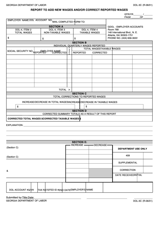 Form Dol-3c - Report To Add New Wages And/or Correct Reported Wages Printable pdf