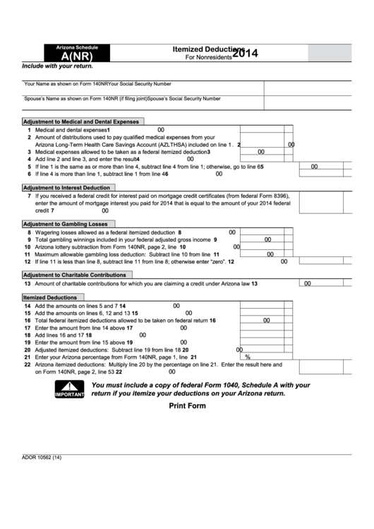 Fillable Form 10562 - Arizona Schedule A(Nr) - Itemized Deductions For Nonresidents - 2014 Printable pdf